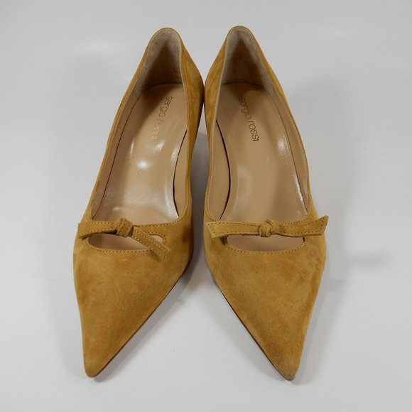 SERGIO ROSSI Pumps Size 35 5 Bow Pointed Toe Kitten Heel Caramel Suede NEW $695 - Picture 3 of 9